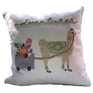 LLAMA with Flower Cart Accent Throw Pillow with Embroidered Design 20 x 20 inch